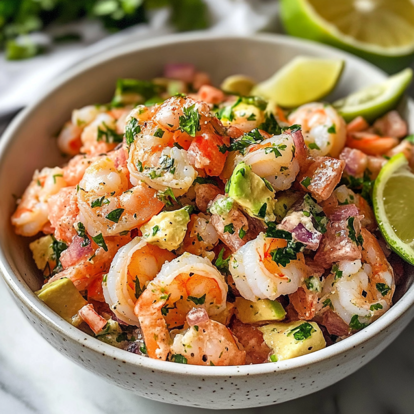 A plate with shrimp ceviche surrounded by greens and fresh lemons.