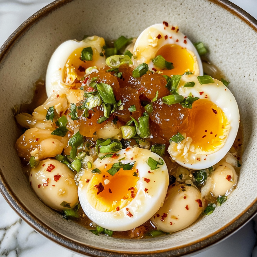 A plate with soft-boiled eggs in sauce, garnished with herbs and veggies.