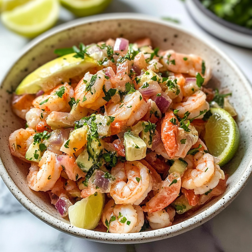 A plate with shrimp ceviche surrounded by greens and fresh lemons.