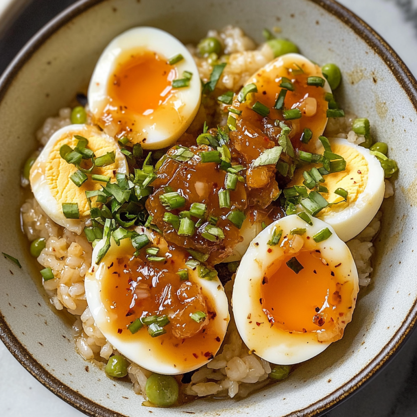 A plate with soft-boiled eggs in soy sauce and green veggies.