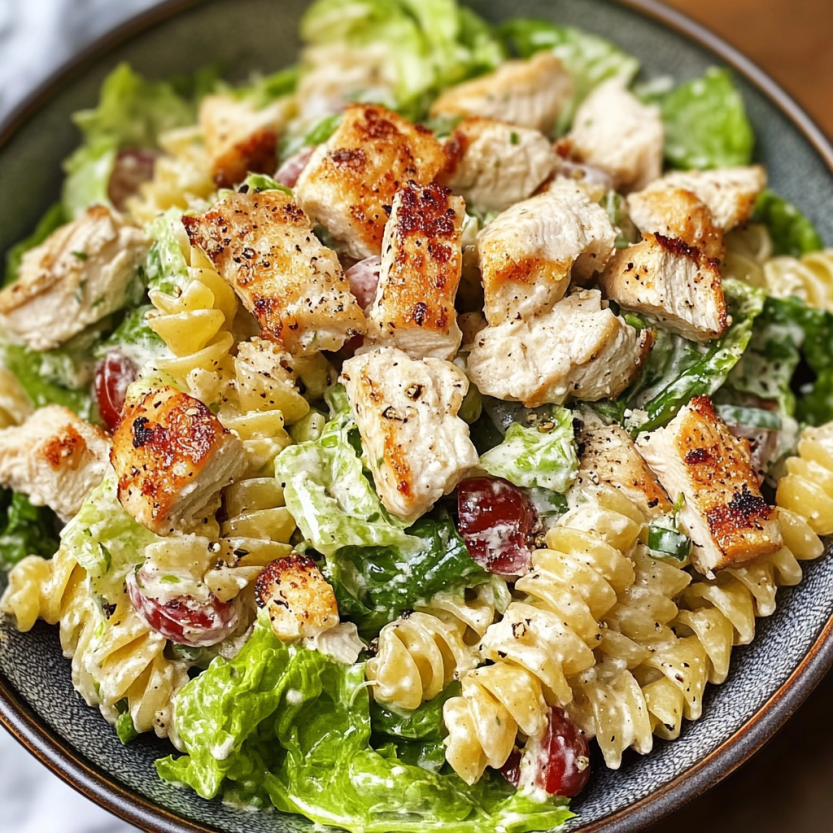 Pasta salad with fresh veggies and sizzling grilled chicken.