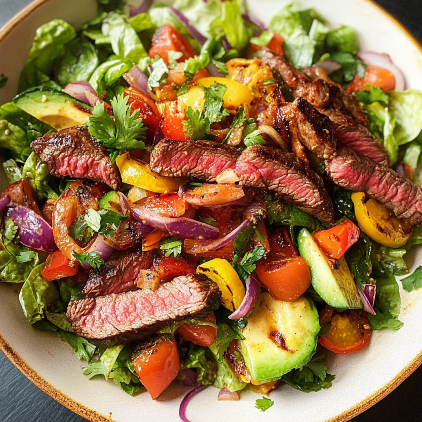 A grilled steak salad with veggies like tomatoes, avocados, and spinach.