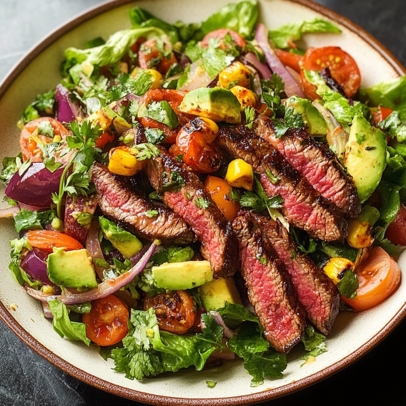 A grilled steak salad with greens and tomatoes.