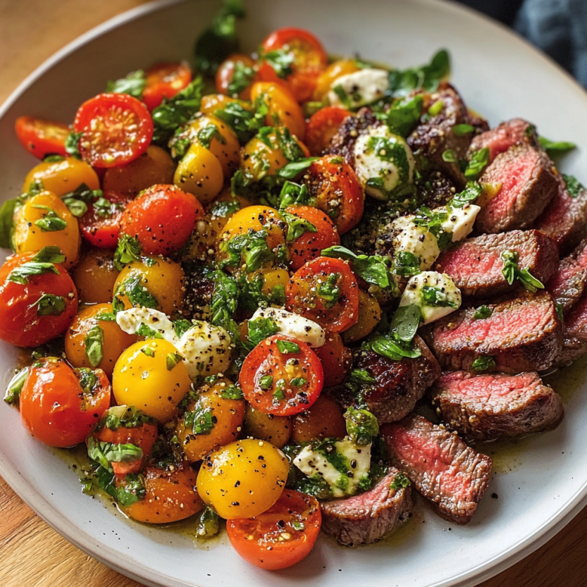 A plate showing red meat and cherry tomatoes.