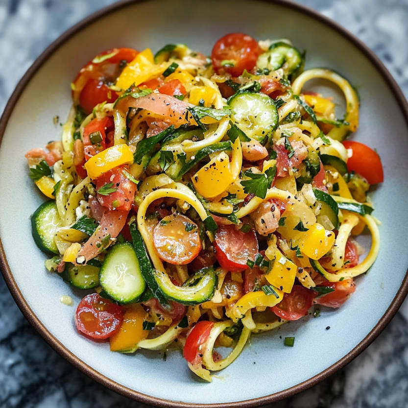 A plate filled with zoodles and colorful summer veggies.