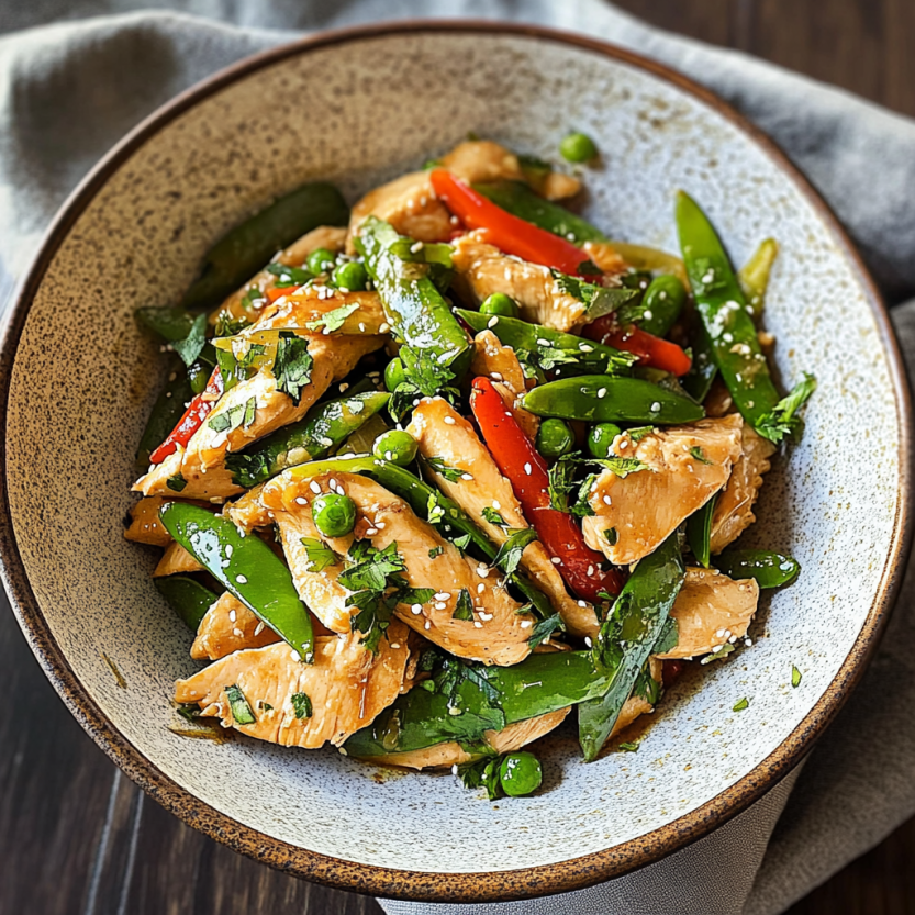 Un plat avec des morceaux de poulet et des légumes verts croquants sautés.