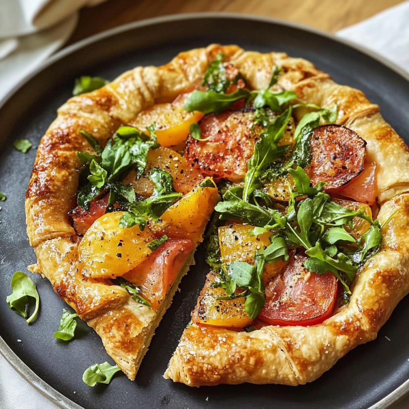 Une galette BLT avec des tomates, des épinards et des baies de gooseberry.