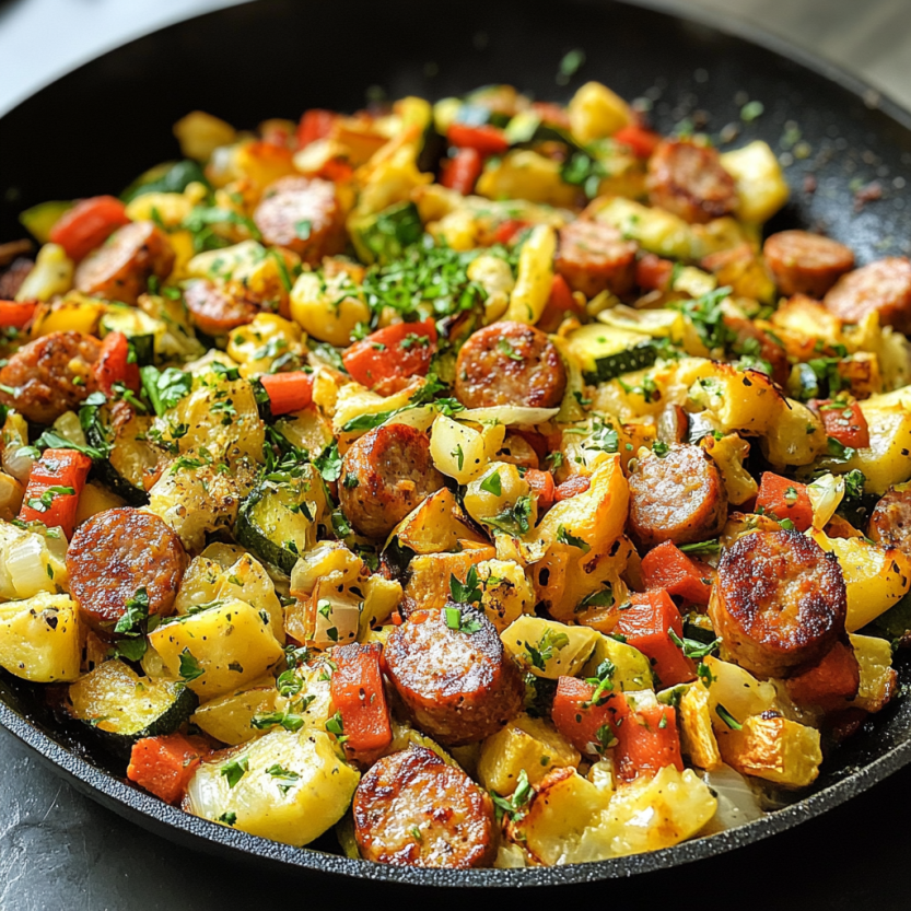Big pan loaded with sizzling sausage and veggies.