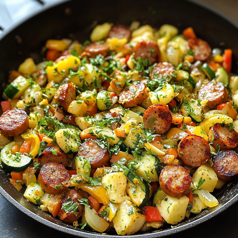 Skillet remplie de saucisse et légumes colorés.
