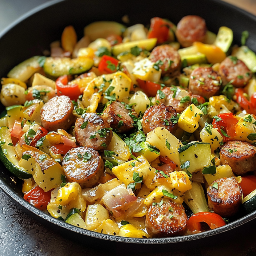 Poêle avec légumes et saucisses mélangés.