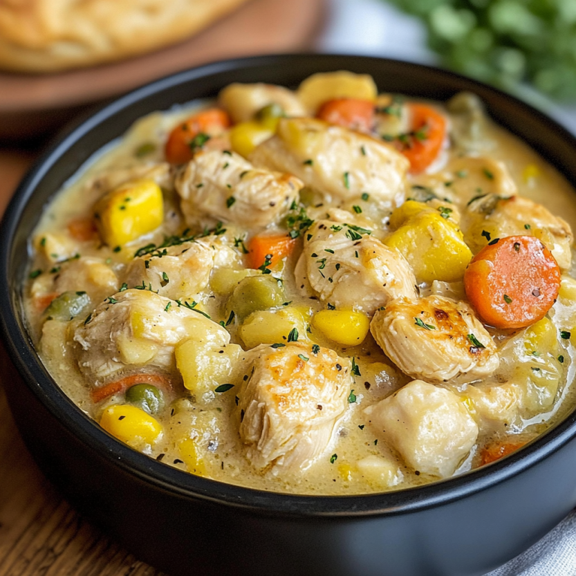 A bowl filled with chicken and vegetables, all settled in a hearty sauce.
