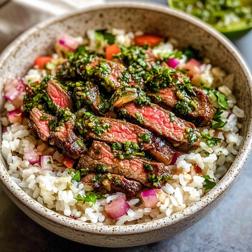 A bowl of rice with skirt steak and green veggies together.