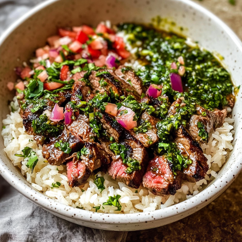 Un bol de riz garni de morceaux de bœuf et de belles tomates colorées.