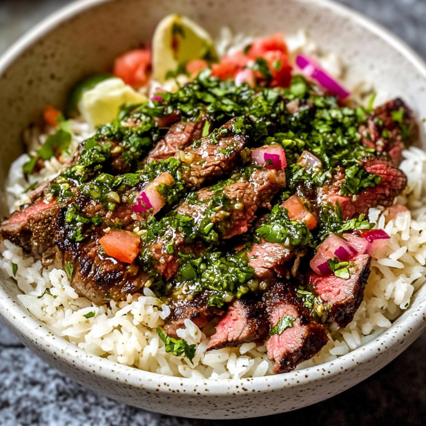 A rice bowl piled with skirt steak, tomatoes, and chimichurri sauce on top.
