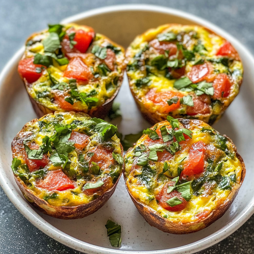 Four little frittata muffins set on a tray.