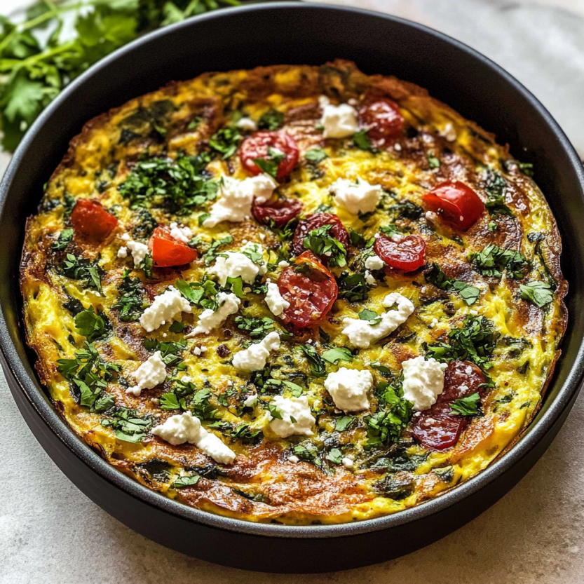 A Mediterranean-style frittata served up in a bowl.