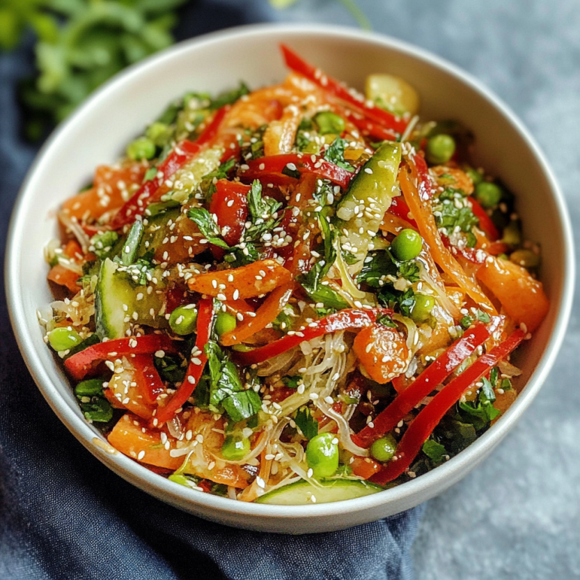 A spring salad tossed with veggies and carrots and drizzled with a punchy ginger sauce.