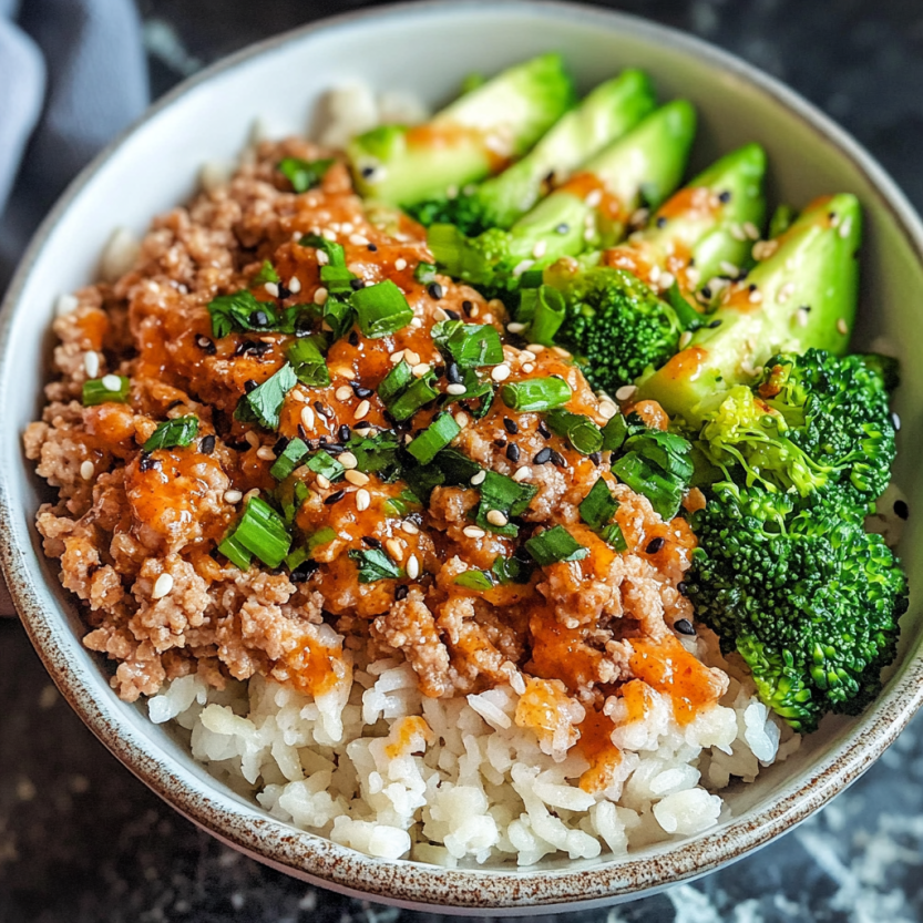 A bowl filled with broccoli, rice, juicy chicken, and zesty spices.