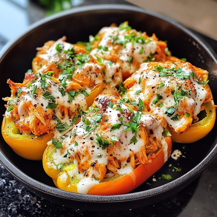 Peppers packed with grilled chicken and buffalo sauce, ready to eat.