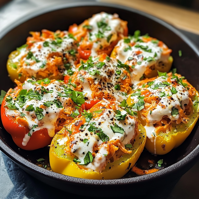 A plate with peppers crammed full of chicken, herbs, and gooey cheese.