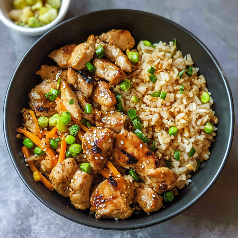 Grilled chicken served with crispy rice on a plate.