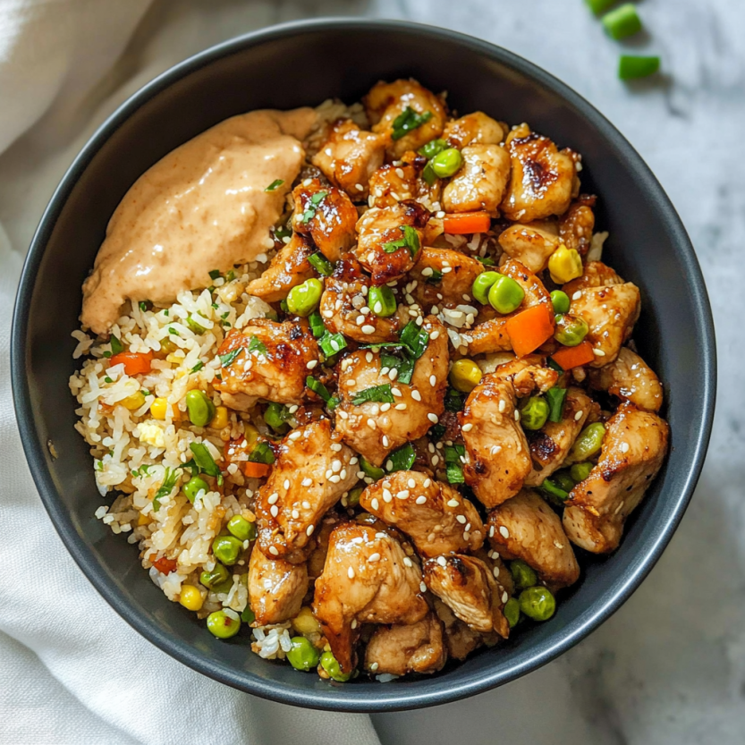 Grilled chicken with beans and fried rice on a plate.