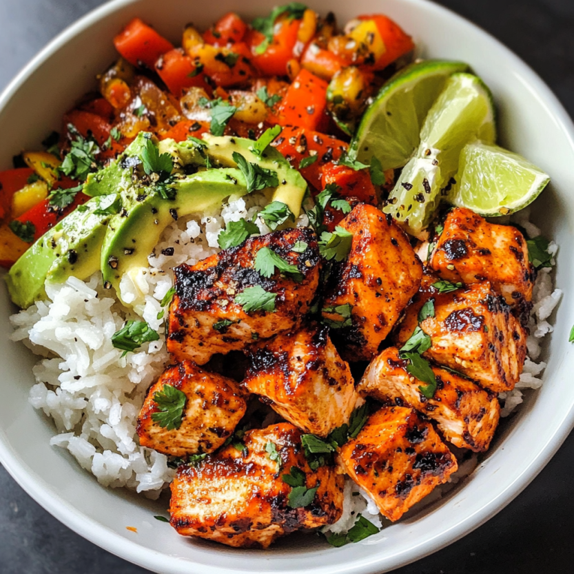A chili lime salmon bowl loaded with green veggies and bright spices.