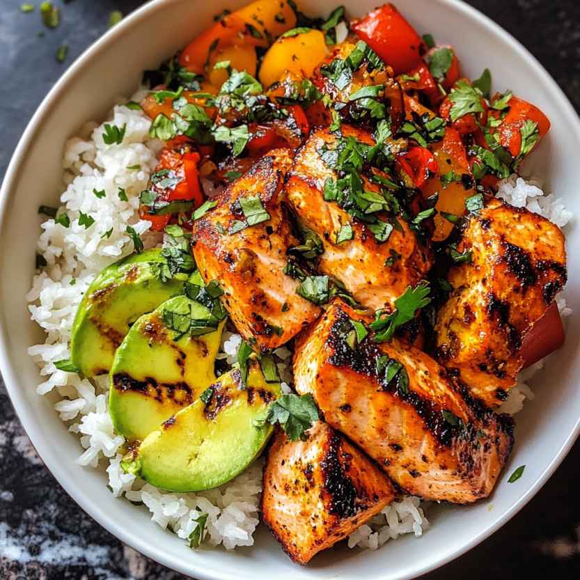 A chili lime salmon plate with fresh herbs and green veggies.