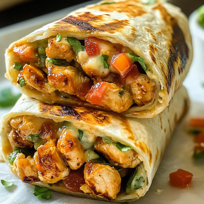Une tortilla chaude avec des légumes et du poulet.