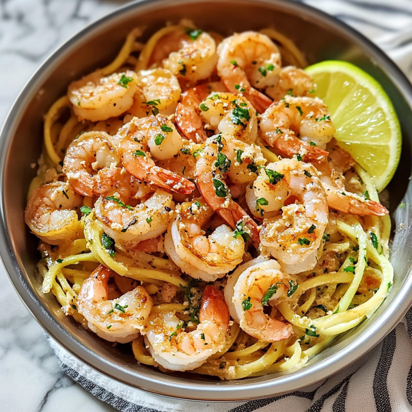 A plate of noodles served with shellfish and herbs.