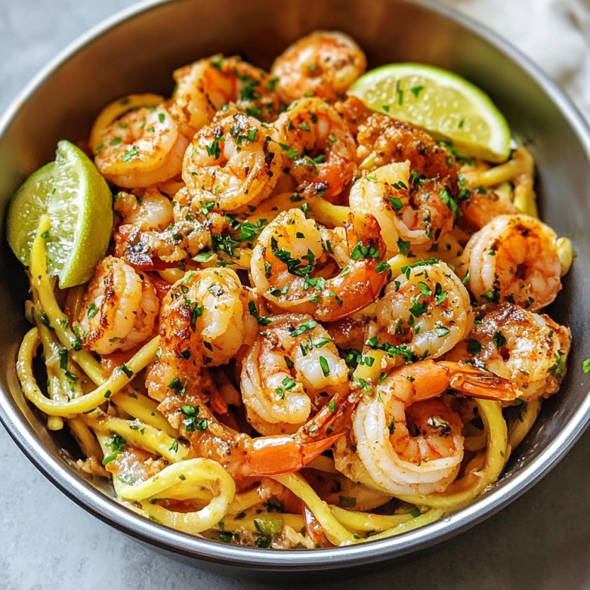 A plate of noodles topped with mussels and herbs.