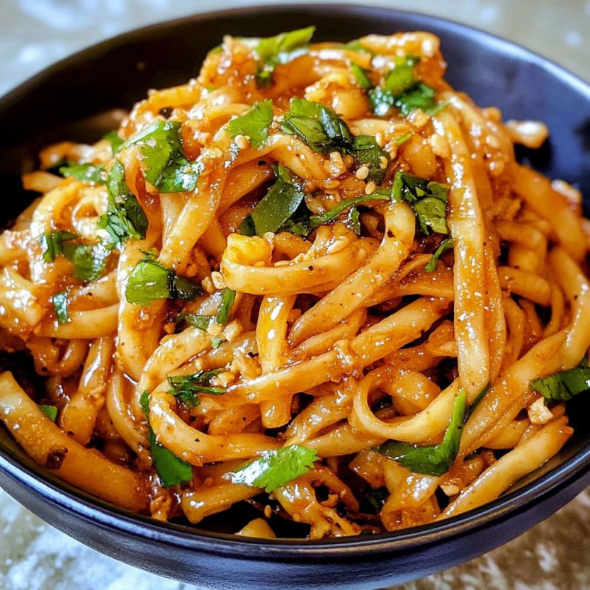 A bowl of chilli garlic noodles on the table.