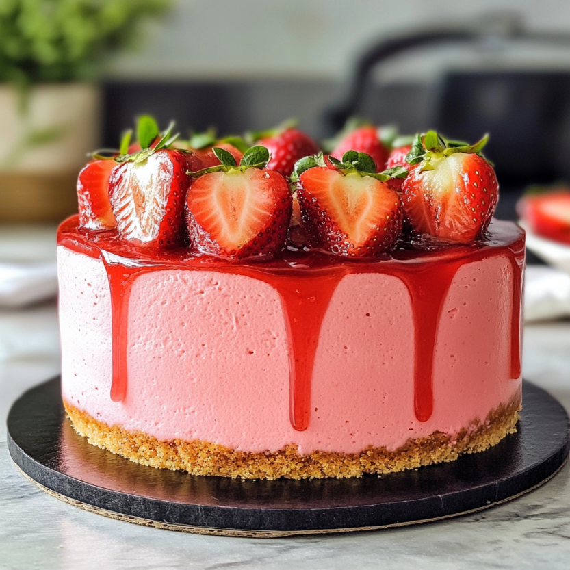 A cake-style strawberry tart topped with whole strawberries and a crispy base underneath.