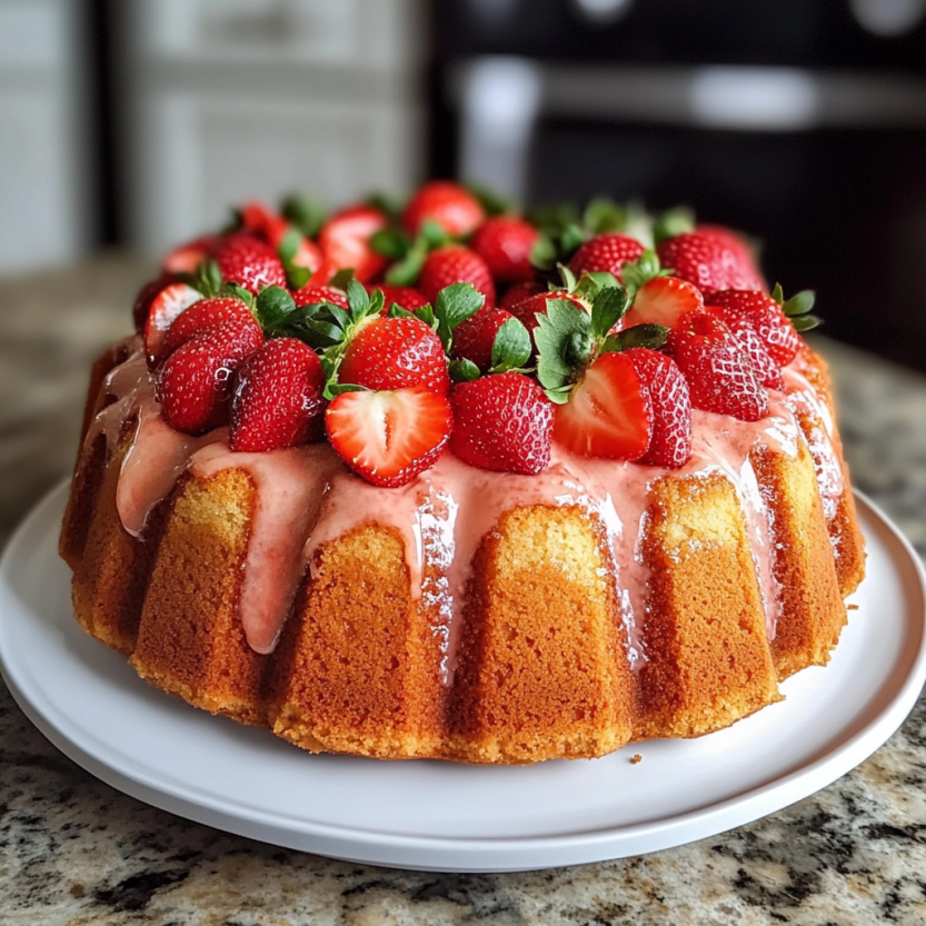 A strawberry tart sitting on a tray.