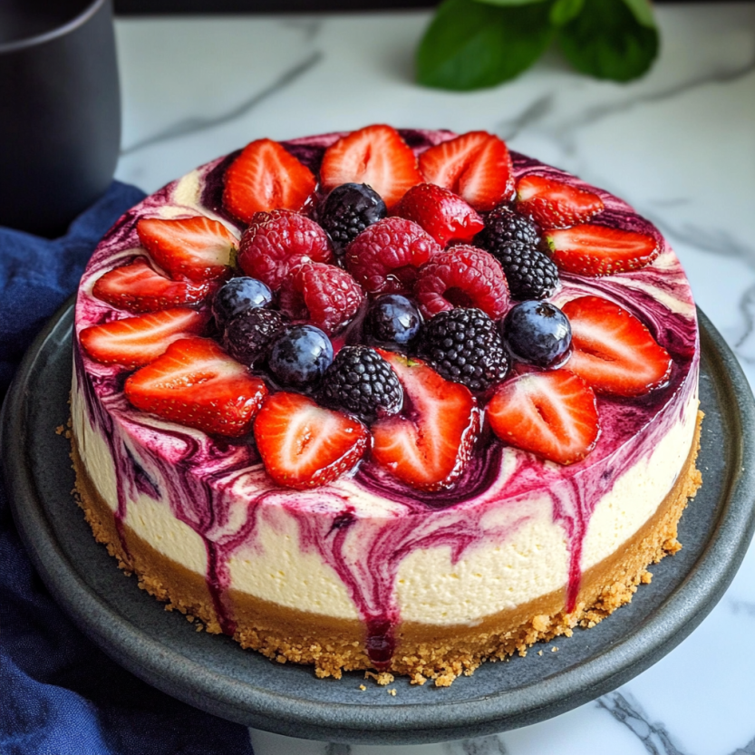 Une tarte aux fraises garnie de baies fraîches sur le dessus.