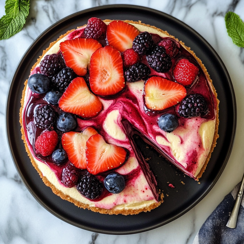 A mixed berry tart on a plate.
