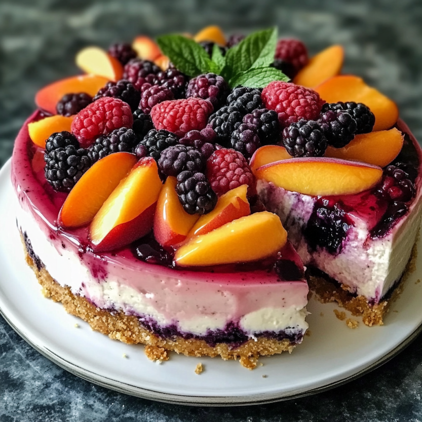A cherry and pear fruit tart topped with fresh fruit and mint leaves.