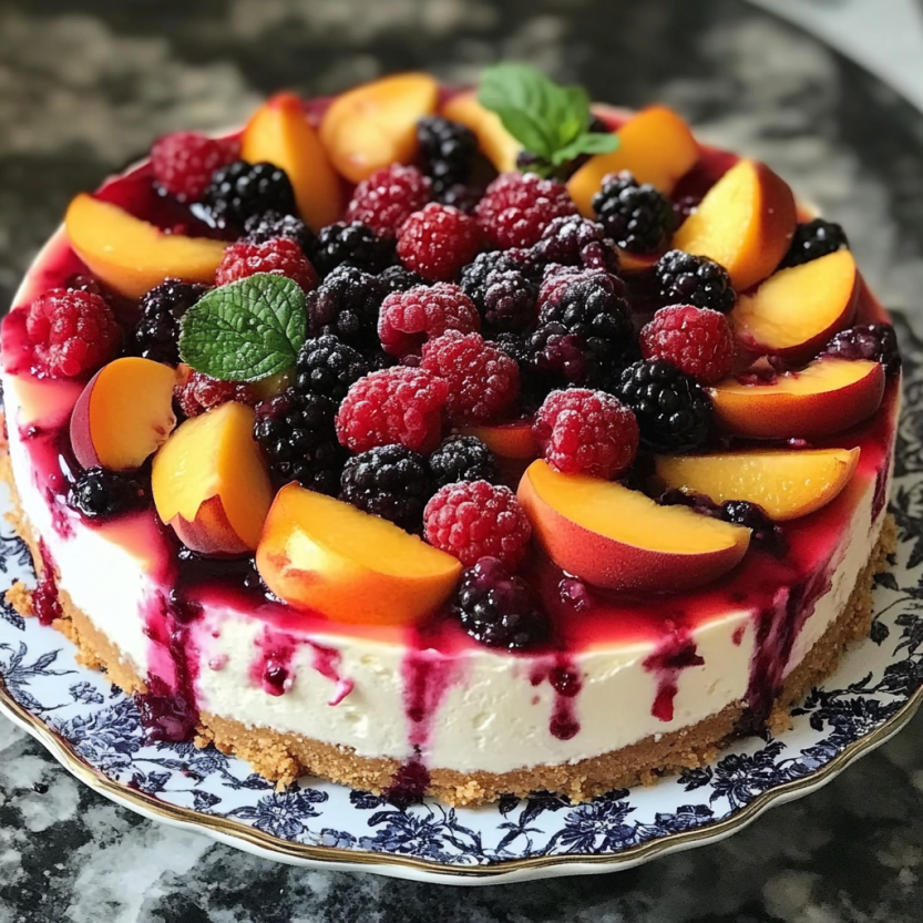 A cherry and pear fruit tart on a serving tray.