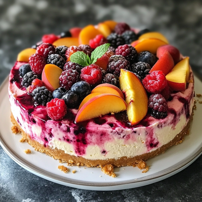 A cherry and pear fruit tart with fresh fruit and green herbs.