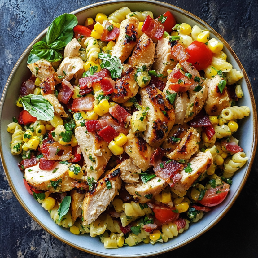 A pasta salad tossed with grilled meats and fresh veggies.