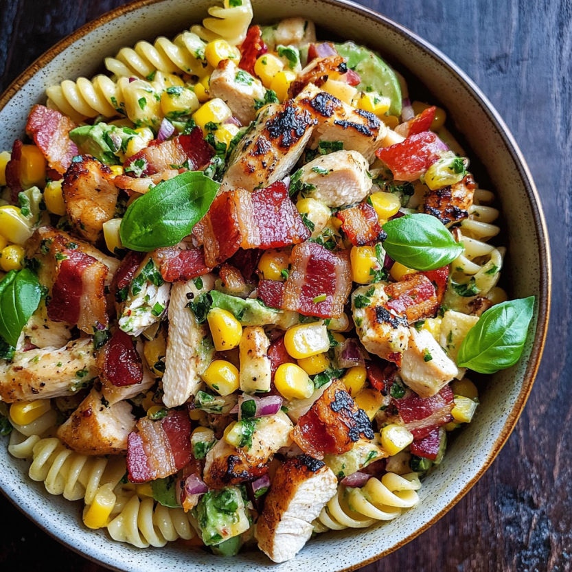 A pasta salad with veggies and grilled meats.