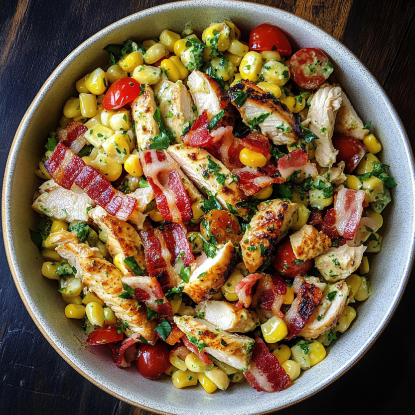 A pasta salad with veggies and meats, including bacon.