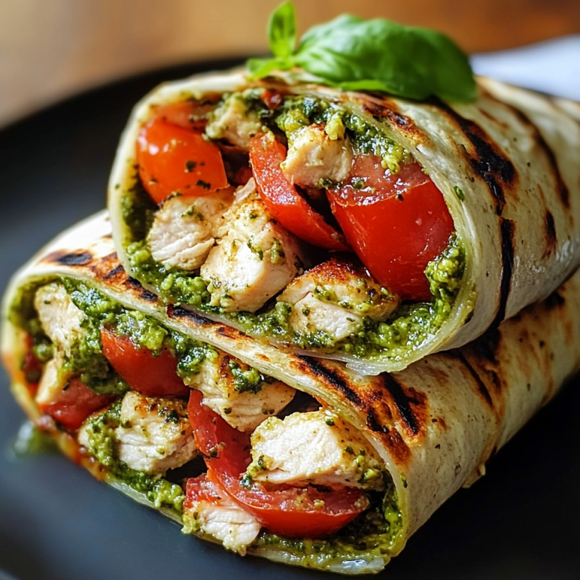 A pesto chicken bruschetta with tomatoes and fresh green herbs.