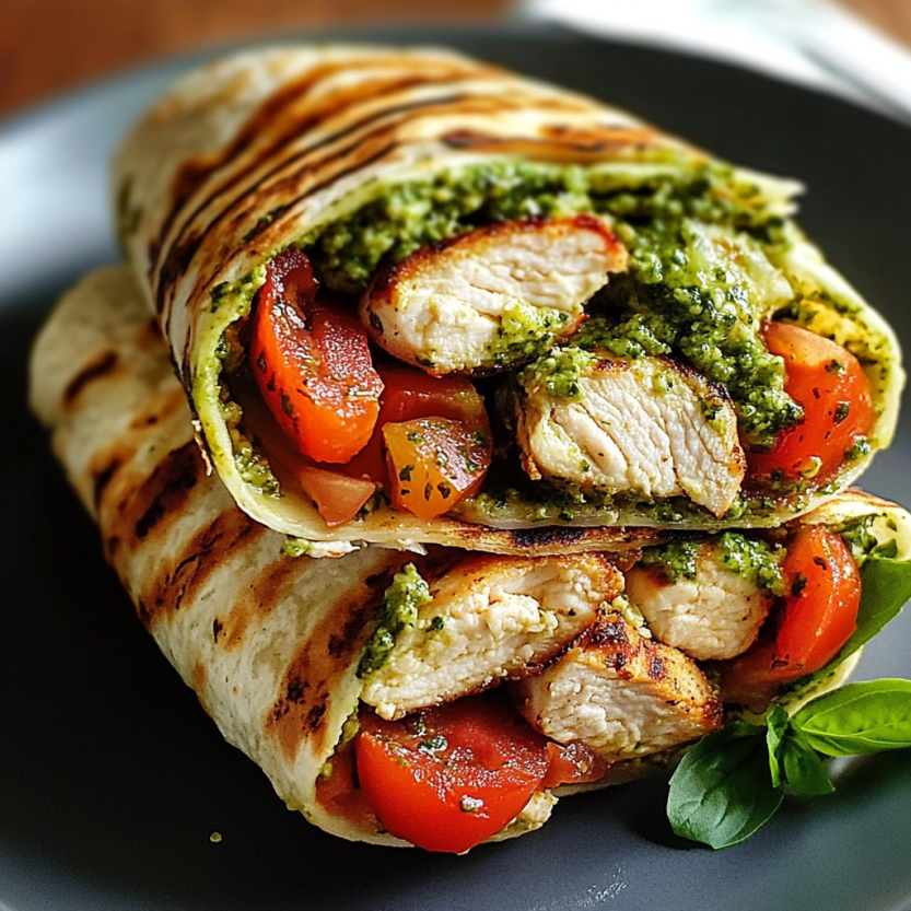 A pesto chicken bruschetta with tomatoes and fresh green herbs.