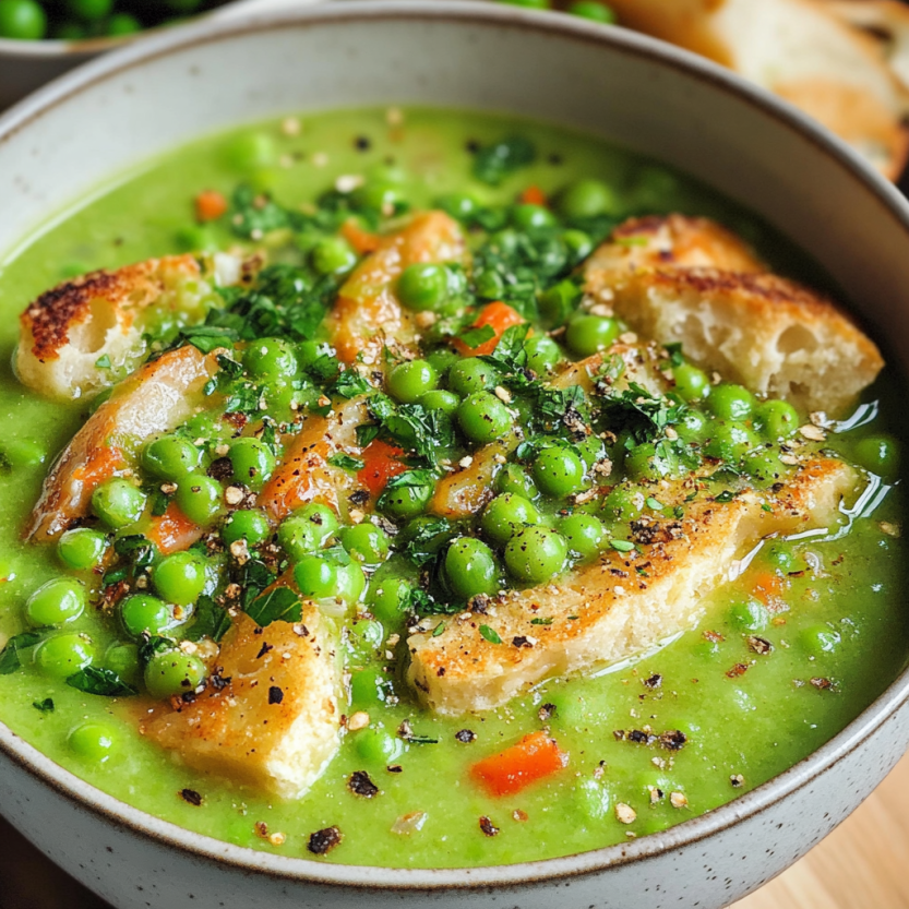 Bol de soupe aux pois frais garnie d'herbes fraîches.