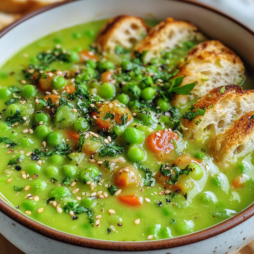 A bowl full of fresh green pea soup.