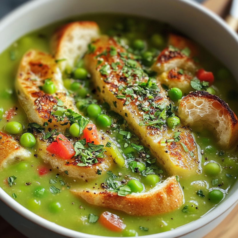 A bowl of fresh pea soup with some crunchy toast on the side.