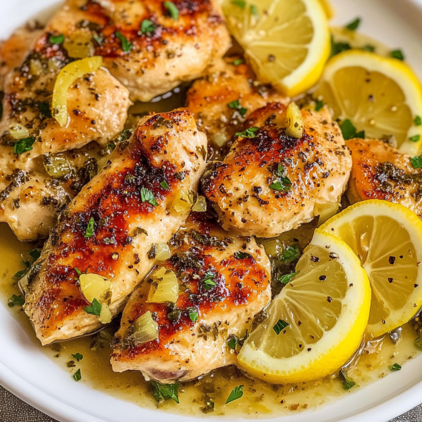 Chicken with lemons and spoonfuls of lemony sauce.