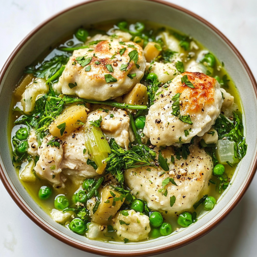 A plate piled with chicken, soft dumplings, and lots of green veggies and herbs sitting on a white table.