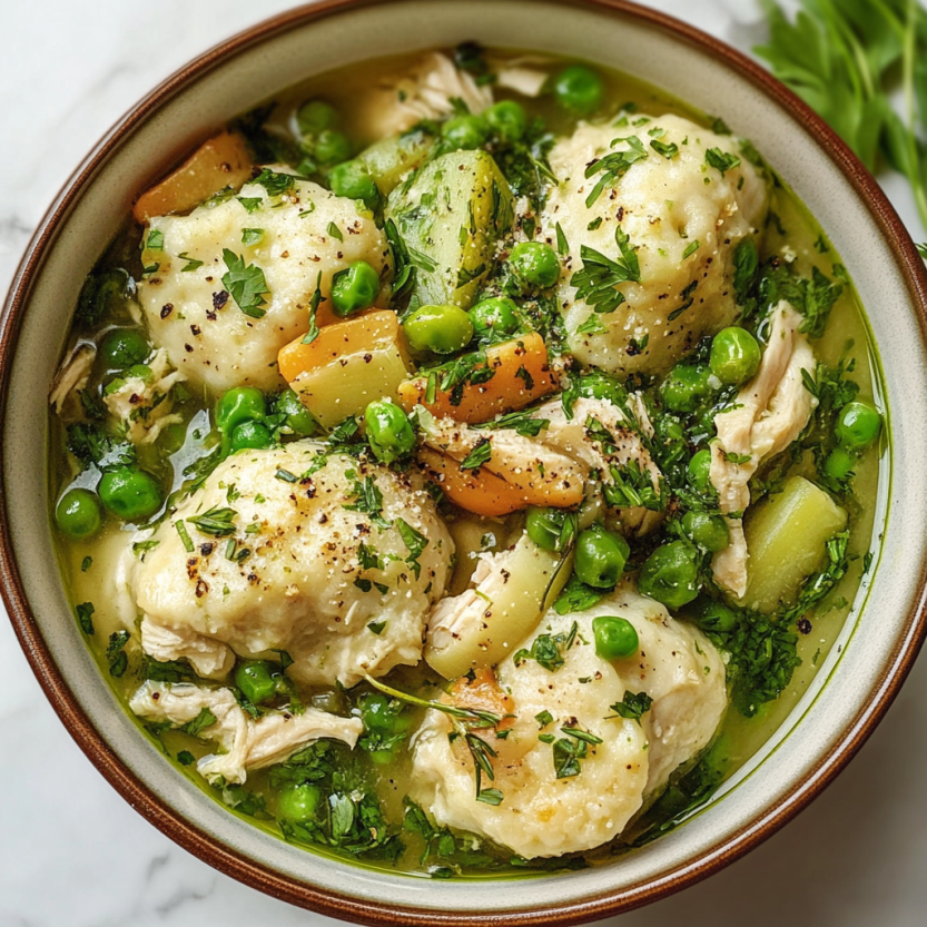 Une assiette de chicken and dumplings est servie sur une table.